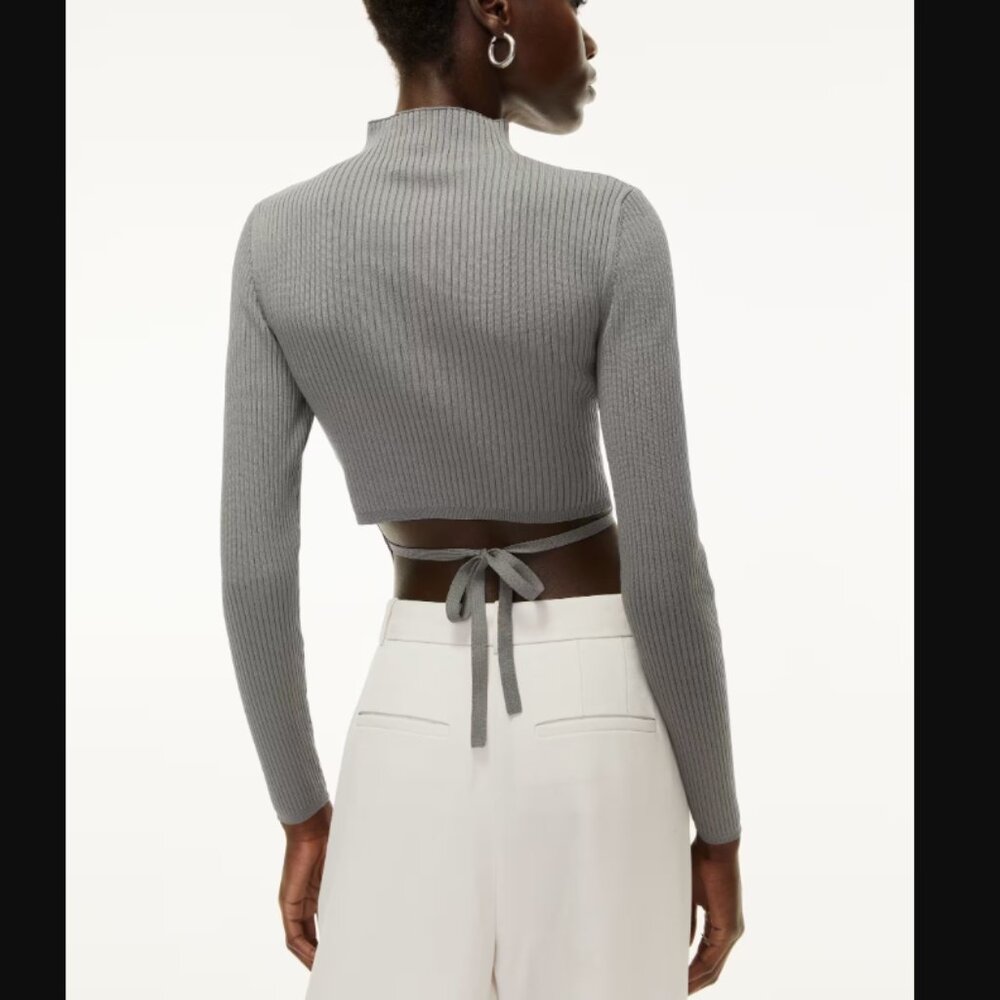 Aritzia Babaton Sculpt Knit Tie‎ Back Rib Knit Mock Neck Long Sleeve Gray NEW